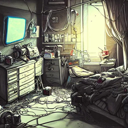 Image similar to a highly detailed illustration of a messy gamer's bedroom, tangled wires, dim lights, messy bed, a sink, cyberpunk, dystopian, artstation