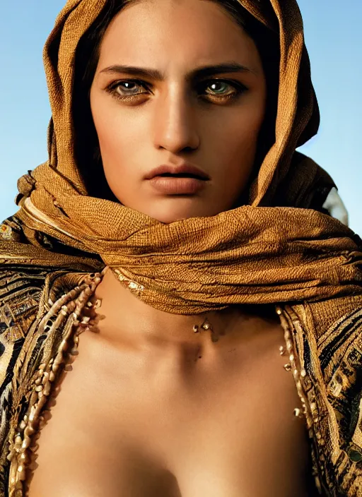 Image similar to portrait of a stunningly beautiful middle eastern tribal female, depth of field, zeiss lens, detailed, symmetrical, centered, fashion photoshoot, by Annie Leibovitz and Steve McCurry, David Lazar, Jimmy Nelsson, Breathtaking, 8k resolution, extremely detailed, beautiful, establishing shot, artistic, hyperrealistic, beautiful face, octane render