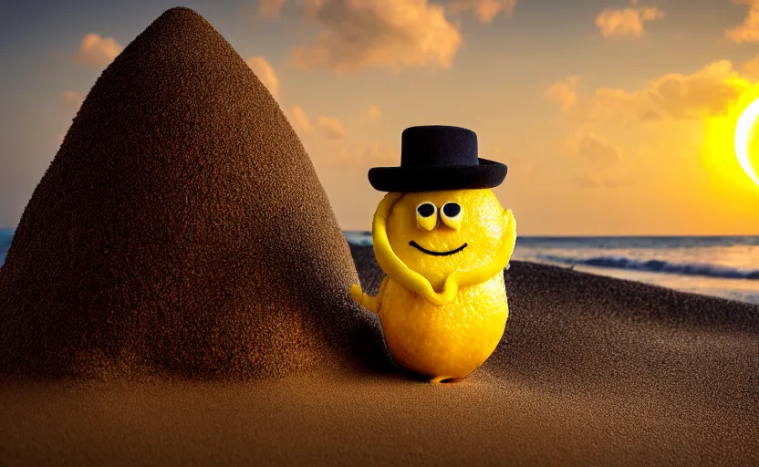 Image similar to 5 0 mm photograph, of a real anthropomorphic lemon character, with lemon skin texture, it is wearing a hat and scuba diving, building a sandcastle on the beach at sunset, beach, huge waves, sun, clouds, tropical trees, rim light, cinematic photography, professional, sand, sandcastle, volumetric lightening