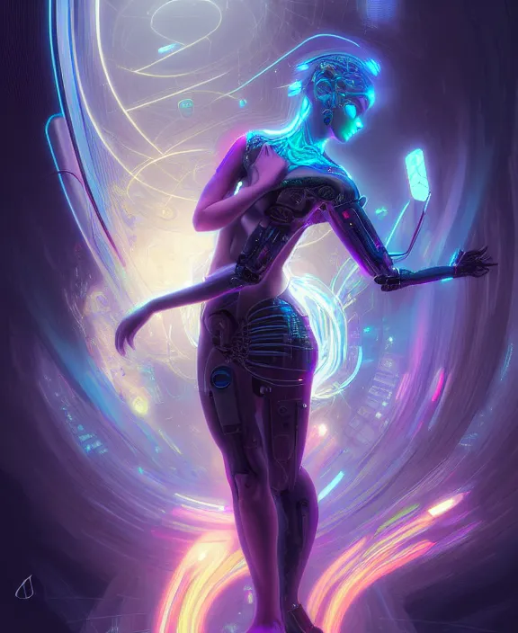 Image similar to a whirlwind of souls rushing inside the metaverse, hologram, half body, neurochip, shaved temple, piercing, jewelry, android, cyborg, cyberpunk face, by loish, d & d, fantasy, intricate, elegant, highly detailed, colorful, digital painting, artstation, concept art, art by artgerm and greg rutkowski and alphonse mucha