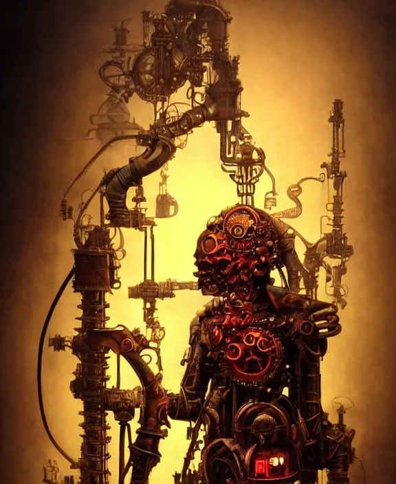 Image similar to steampunk style JoJo stand, red neon lights, evil armour, by HR Giger and Beksiński and Stephan Martiniere , 4k resolution, detailed, trending on artstation