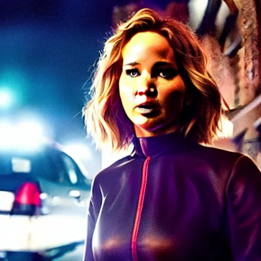 Image similar to cinematic jennifer lawrence standing in the street at night, color photography, sharp detail, amused, still from the movie sonic the hedgehig
