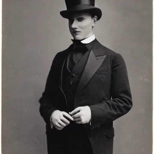 Image similar to A young man in a top hat in an elegant black suit has a cryptic smile on his face