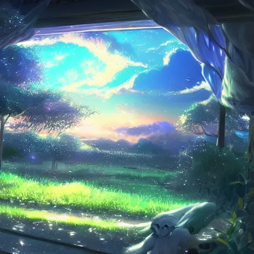 Prompt: a heavenly dream view from the interior of my cozy dream world filled with color from a Makoto Shinkai oil on canvas inspired pixiv dreamy scenery art majestic fantasy scenery fantasy pixiv scenery art inspired by magical fantasy exterior