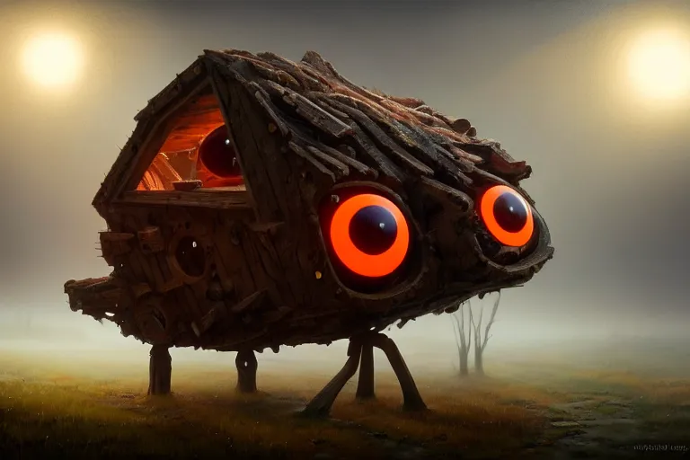 Prompt: a walking wood house with two mechanical legs and two glowing eyes, rust, hyperrealistic, pareidolia, highly detailed, cinematic, single ray of sun, fog, beautiful, cgssociety, artstation, 8 k, oil painting