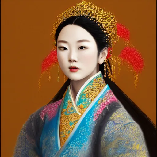 Image similar to hyper realism portrait of Chinese princess by Zhong, Fenghua, stunning, detailing, artstation trending, perfect lighting, golden hour