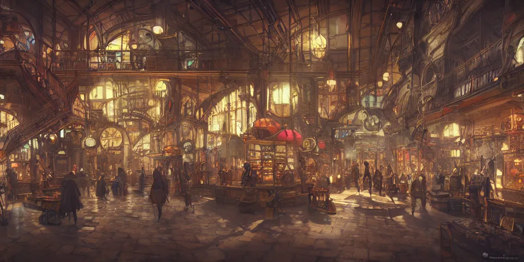 Image similar to steampunk mall interior, colorful, 3 d scene, render, greg rutkowski, zabrocki, karlkka, jayison devadas, trending on artstation, 8 k, ultra wide angle, zenith view, pincushion lens effect