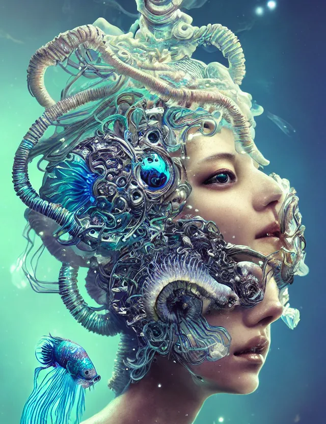 Image similar to goddess macro close - up portrait in crown made of ram skull. betta fish, jellyfish phoenix, bioluminiscent, plasma, ice, water, wind, creature, super intricate ornaments artwork by tooth wu and wlop and beeple and greg rutkowski