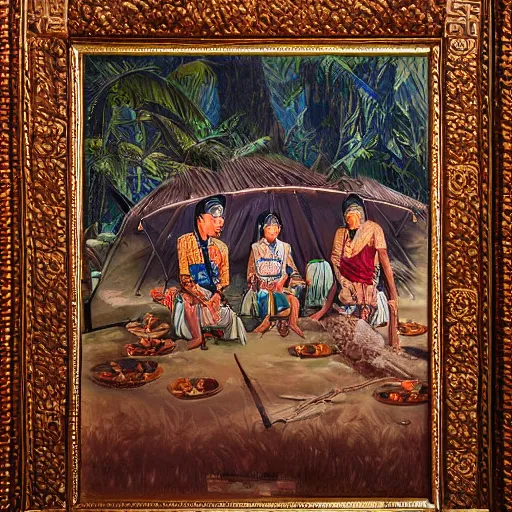 Prompt: portrait of smart tai warlords assemble in tai ethnic group traditional tent, tai mon khmer interior decoration, oil painting, fantasy, detailed and intricate environment