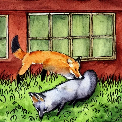 Prompt: a fox in a hen house, watercolor illustration,