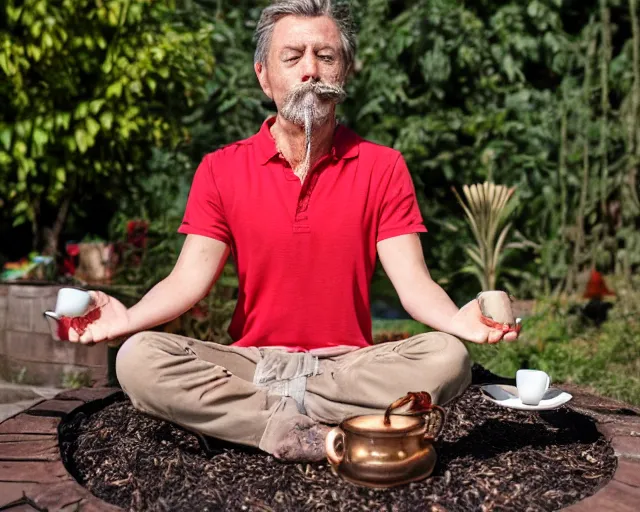 Image similar to mr robert is drinking fresh tea, smoke pot and meditate in a garden from spiral mug, detailed glad face, power belly, golden hour closeup photo, red elegant shirt, eyes wide open, ymmm and that smell