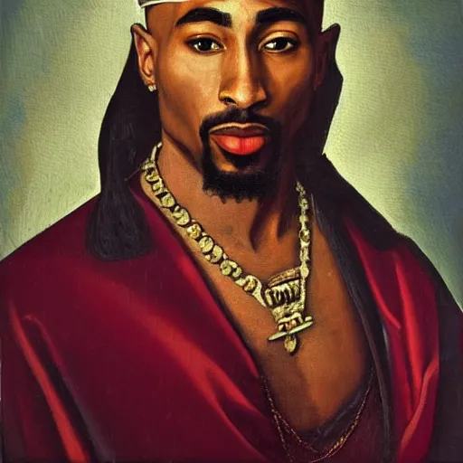 Image similar to a renaissance style portrait painting of tupac