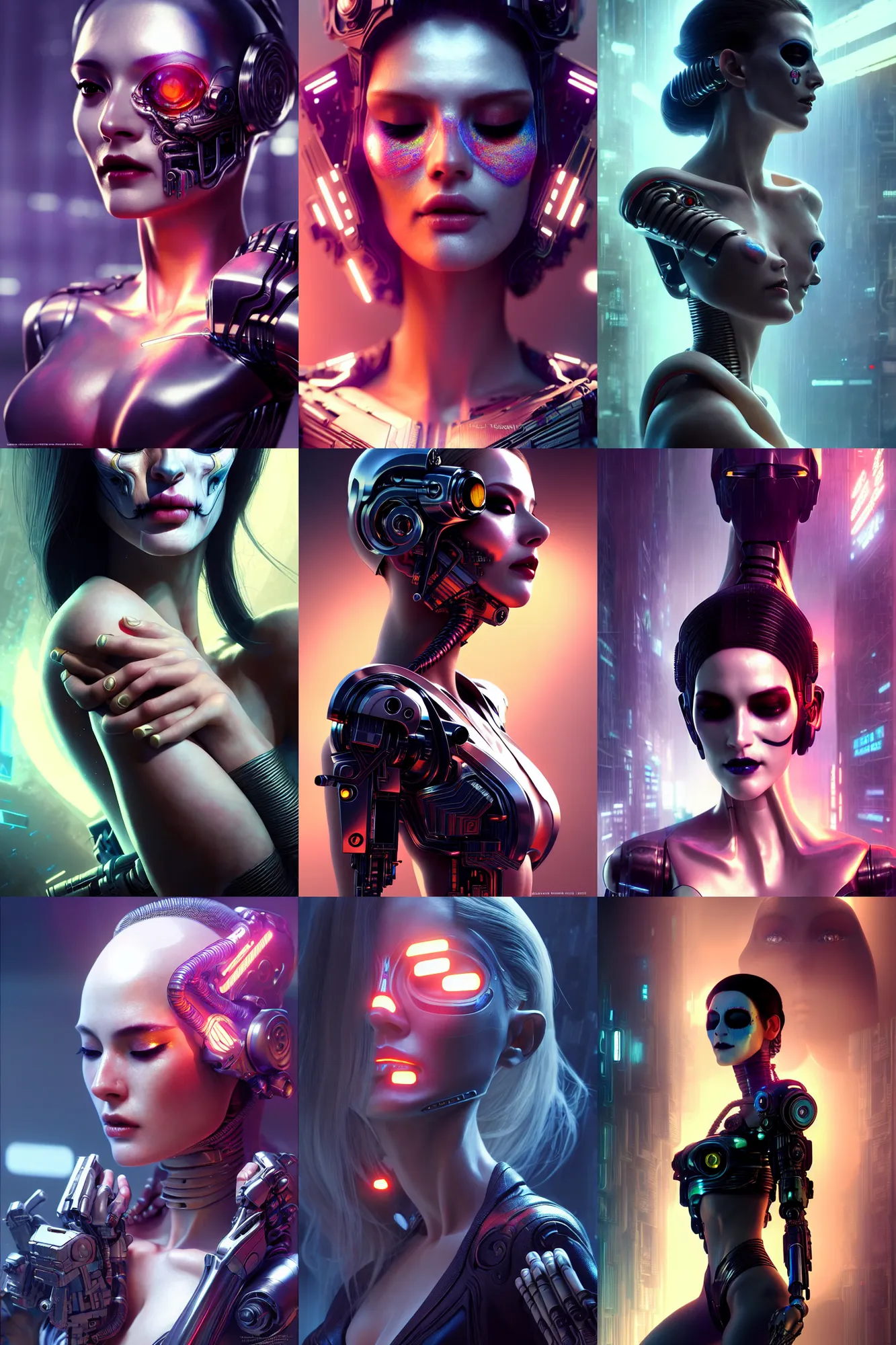 Prompt: beautiful android woman, eyes closed, photorealistic cinematic, 3 d model, cyborg, translucent, cyberpunk, blade runner, octane render, concept art, vogue, 8 k, intricate detailed environment ( el dia los muertos ). by terry oneill and karol bak and artgerm and kuciara and mucha