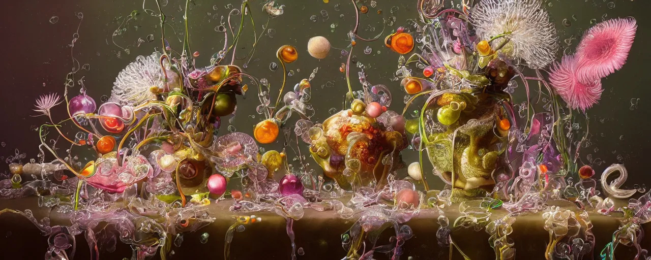 Prompt: ultradetailed photorealistic still life with jelly flowers by ernst haeckel, jan brueghel, james jean and david lachapelle, slime and tentacles, wide angle, minimalistic cinematic composition, octane render, bokeh, unreal engine, 4k, 3d render
