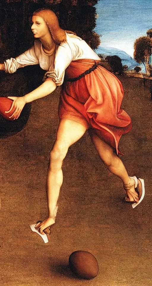 Image similar to Olivia Newton-John playing football by Leonardo da Vinci