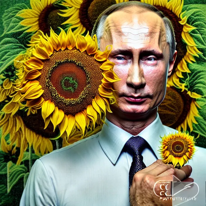 Image similar to photo portrait of Vladimir Putin - sunflowers - dressed in leisure shirt with ornamental ethereal sunflower pattern, natural skin tone, highly detailed realistic flowers ornament on the shirt, raging war and explosions in the background, eyebrows and wrinkles are intricate and highly detailed, elegant, Realistic, Refined, Highly Detailed, natural soft pastel lighting colors scheme, fine art photography by Cecil Beaton, volumetric lighting, hyper realistic photography