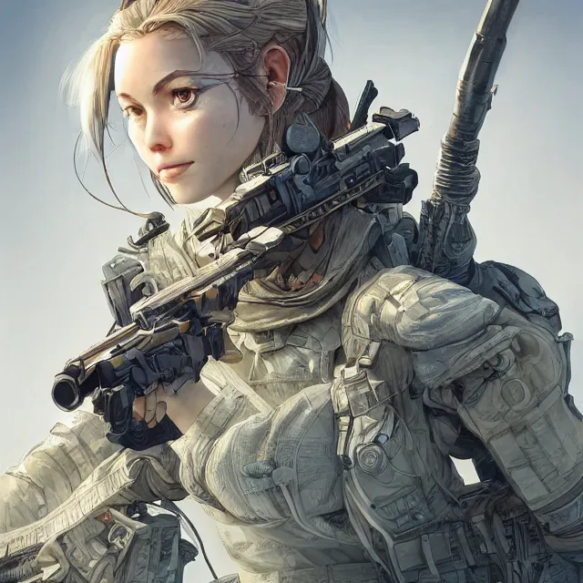 Image similar to the portrait of lawful neutral female futuristic infantry sniper as absurdly beautiful, gorgeous, elegant, young woman looking up, an ultrafine hyperdetailed illustration by kim jung gi, irakli nadar, intricate linework, bright colors, octopath traveler, final fantasy, unreal engine 5 highly rendered, global illumination, radiant light, detailed and intricate environment