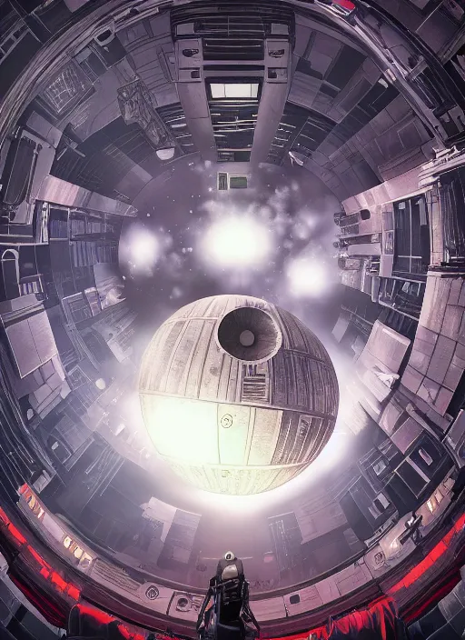 Image similar to An epic fantastic realism comic book style painting of the Death Star made of the most beautiful flowers, fisheye lens, unreal 5, DAZ, hyperrealistic, octane render, dynamic lighting