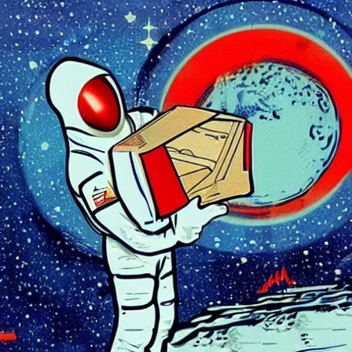 Prompt: A Man in a Spacesuit delivers pizza to a Woman’s home on the Moon, unique, very detailed, retro, sci-fi, pop art