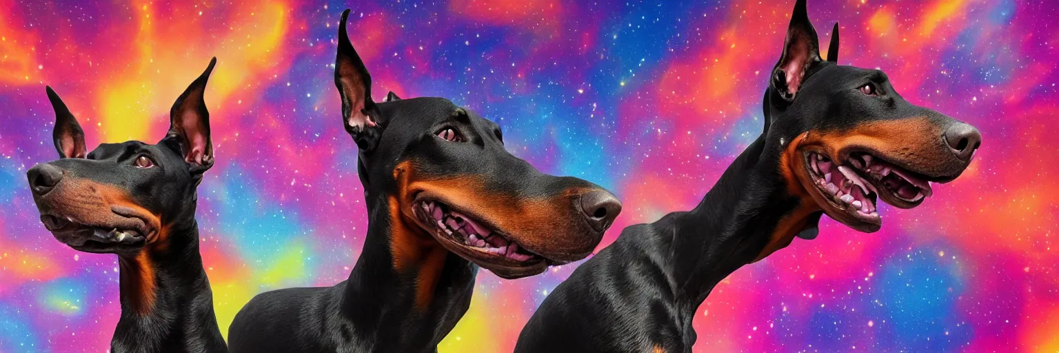 Image similar to spase doberman running close - up with neon mohawks, dogs, space, dark, stars, pink, oil painting, pirate neon ship with punks on board, neon, rich deep colors masterpiece, ultra detailed, contrast, lots of roman arches, clouds, sky, volumetric light, atmospheric lighting, dramatic, cinematic, moody, octane render 4 k, 8 k