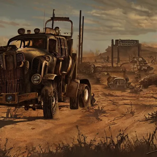 Image similar to fallout 4 wasteland, mad max fury road style painting