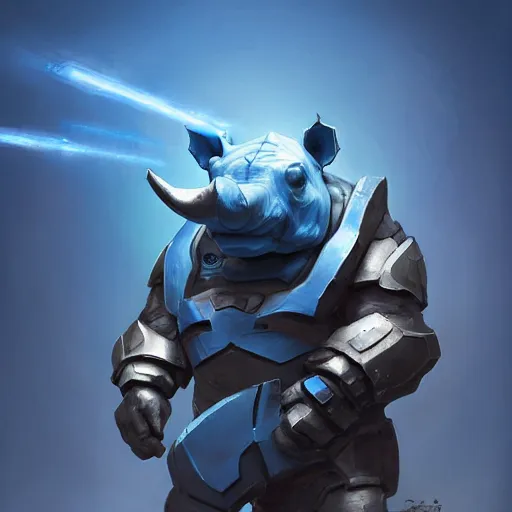 Prompt: An adorable anthropomorphic blue rhino wearing galactic battle armor, action pose, highly detailed, digital painting, artstation, concept art, smooth, sharp focus, studio light, by Justin Gerard and Jason Chan and riot studios,