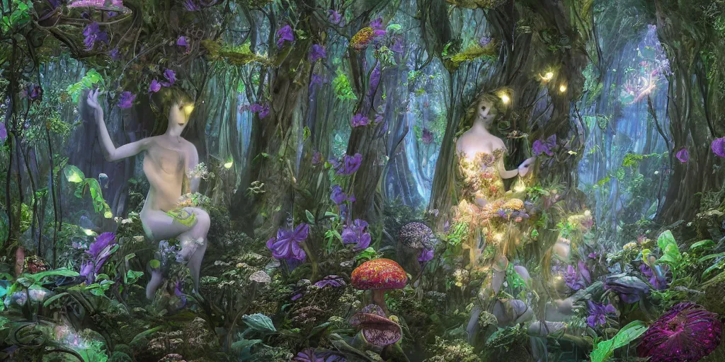 Image similar to glowing delicate flower and mushrooms that grow in a dark fatansy forest on the planet Pandora, an idealistic marble statue with fractal flowery hair in a fractal garden, symmetrical,