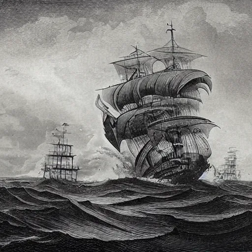 Image similar to an impossibly huge pirate ship, being attacked by a kraken, giant tentacles. 1800s photograph