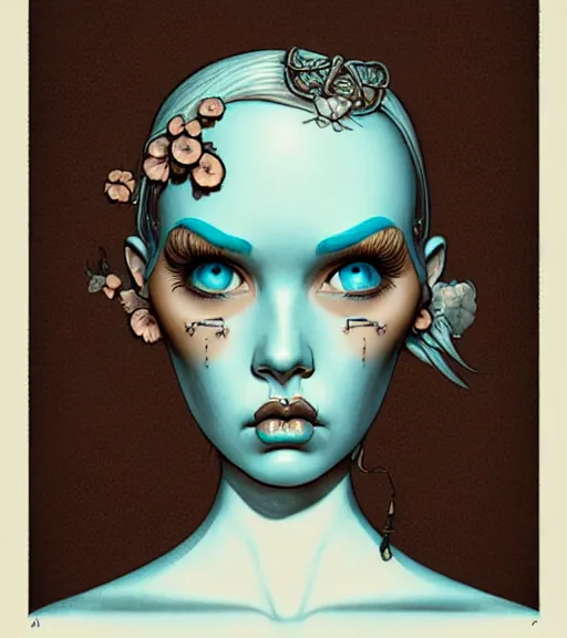Image similar to portrait of a woman raised on the island face tatooes by joe fenton, dynamic lighting, gradient light blue, brown, blonde cream and white color scheme, grunge aesthetic