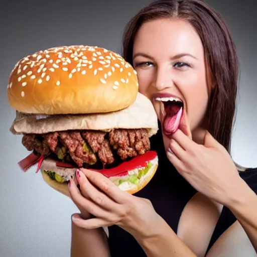 Prompt: realistic studio portrait photo, model eating an absolutely giant hamburger, mouth wide open