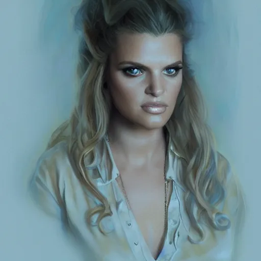 Image similar to jessica simpson as a detective, portrait face and bust in view, cute and adorable, pretty, aesthetic haunted house, portrait, matte detailed photo, DeviantArt, Artstation, by donato giancola, ralph horley, loish, cinematic lighting