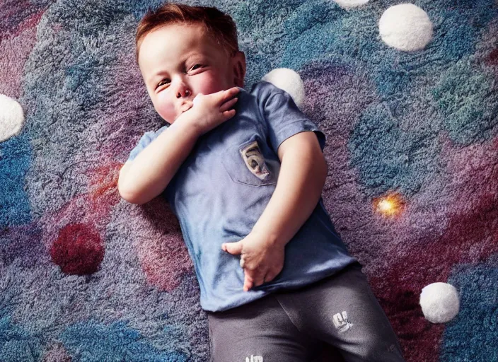 Prompt: toddler elon musk lying on a shaggy rug playing with his space rockets, realistic, beautiful soft lighting, istvan sandorfi