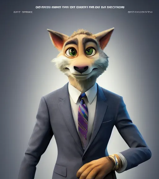 Prompt: a film still from the movie zootopia main character portrait anthro anthropomorphic wolf head animal person fursona wearing suit and tie pixar disney dreamworks animation sharp rendered in unreal engine 5 octane key art by greg rutkowski bloom dramatic lighting modeling expert masterpiece render