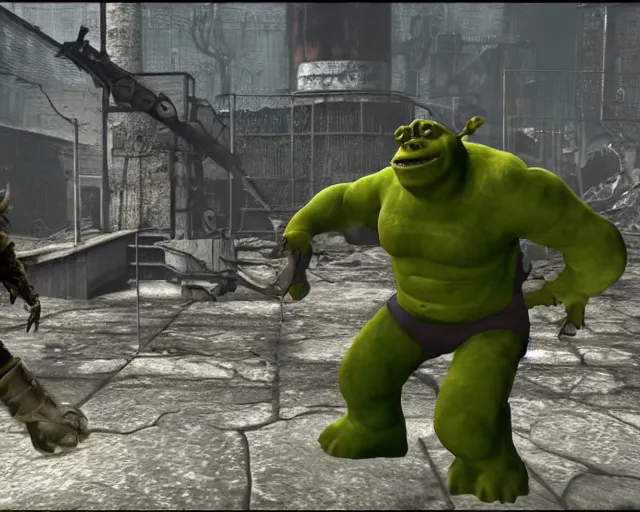 Image similar to screenshot from fallout 3 of shrek fighting a deathclaw, ray tracing, photorealistic graphics, nuka cola factory, swamp vs radiation,