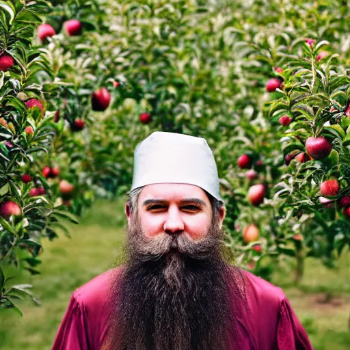 Image similar to beautiful professional photograph of a wizard with a very long white beard, brewing brewing!!!, potions!!!, elixirs, potions!!! potions, in an apple orchard