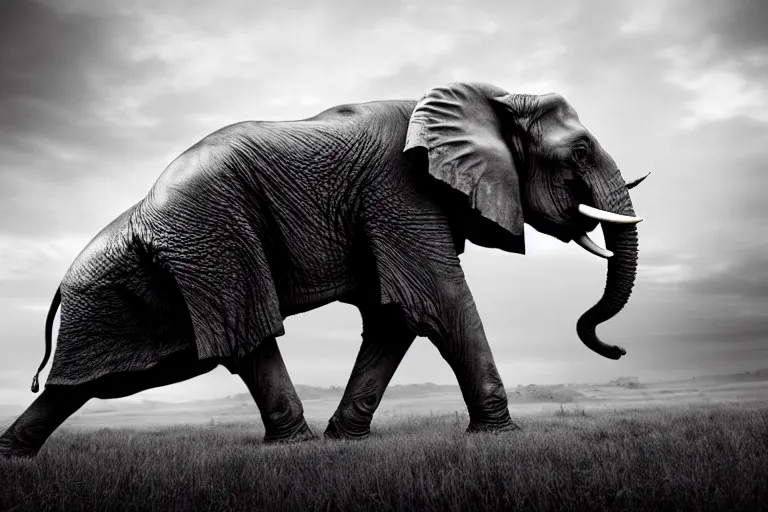 Image similar to still photo of 1 8 th century war elephant looking at the camera in a battlefield, black and white color aesthetic, highly detailed, photorealistic portrait, bright studio setting, studio lighting, crisp quality and light reflections, unreal engine 5 quality render