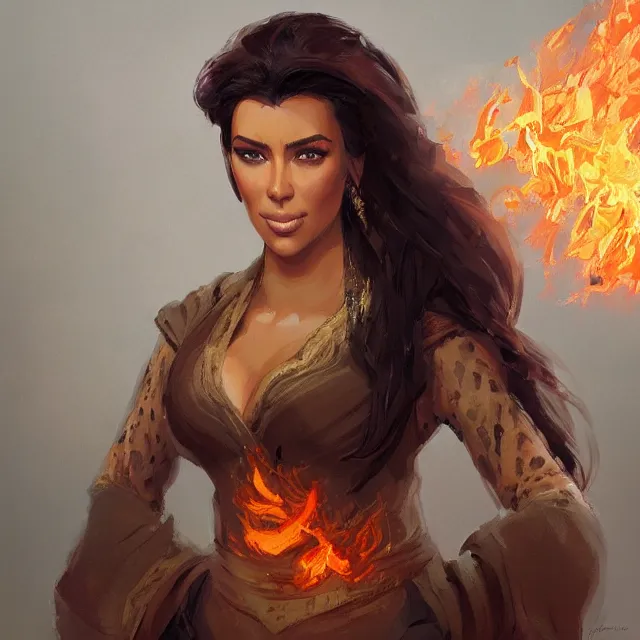 Prompt: Kim Kardashain as a firebender, portrait, elegant, intricate, digital painting, artstation, concept art, smooth, sharp focus, illustration, art by konstantin korovin and Daniel F. Gerhartz and john howe