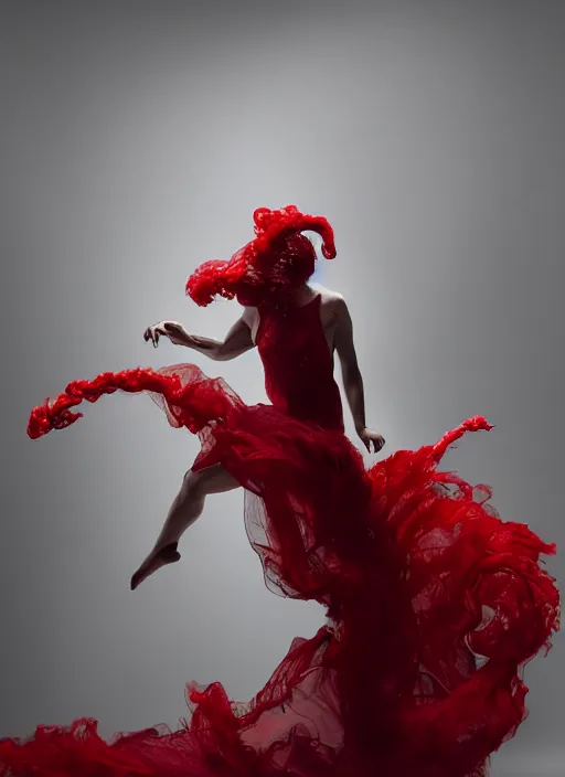 Image similar to a Photorealistic dramatic hyperrealistic render of a glamorous beautiful Lovecraftian monster smoke dancer wearing red by Ken Brower and Deborah Ory of NYC Dance project,Lois Greenfield,Flowing cloth and smoke,Beautiful dynamic dramatic dark moody lighting,volumetric,shadows,cinematic atmosphere,Octane render,8K