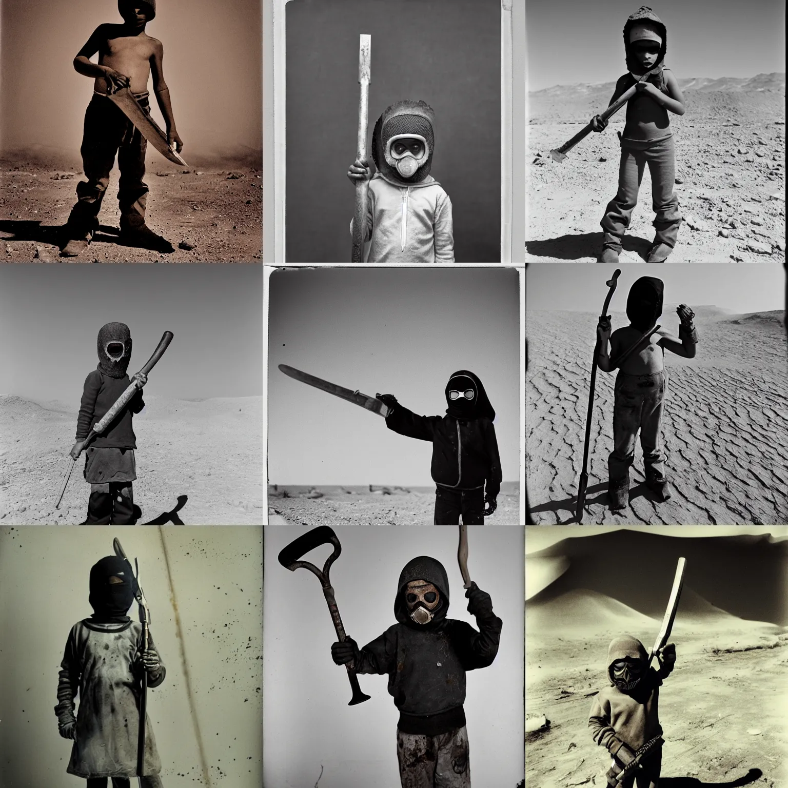 Prompt: child wearing a ski mask, post-apocalyptic desert, holding a hammer in one hand and a sickle in the other, dust and grime, chromogenic medium print