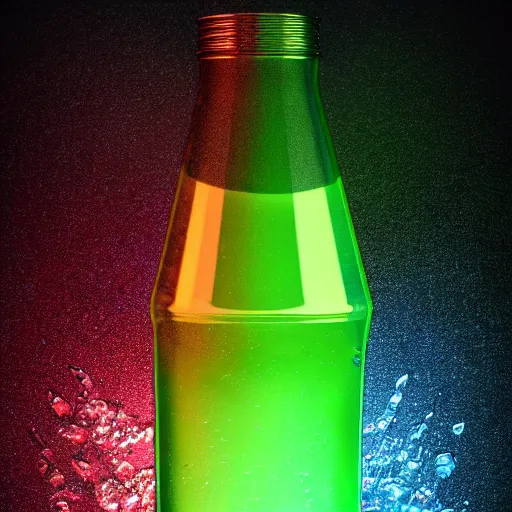 Image similar to a bottle full of a glowing rainbow liquid, high resolution, render, photorealistic