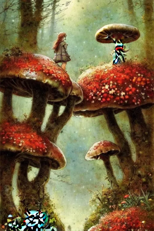 Prompt: adventurer ( ( ( ( ( 1 9 5 0 s retro future stone bridge in a forrest of giant mushrooms, moss and flowers s. muted colors. ) ) ) ) ) by jean baptiste monge!!!!!!!!!!!!!!!!!!!!!!!!! chrome red