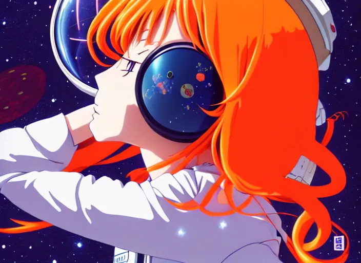 Prompt: anime portrait of a young astronaut girl floating inside a spacestation flowing orange hair no helmet, Karolis Strautniekas,omoide emanon, tsuruta kenji, murata range,kawaii, kyoto animation, manga, intricate, detailed, studio lighting, gradation,editorial illustration, matte print, Ilya Kuvshinov