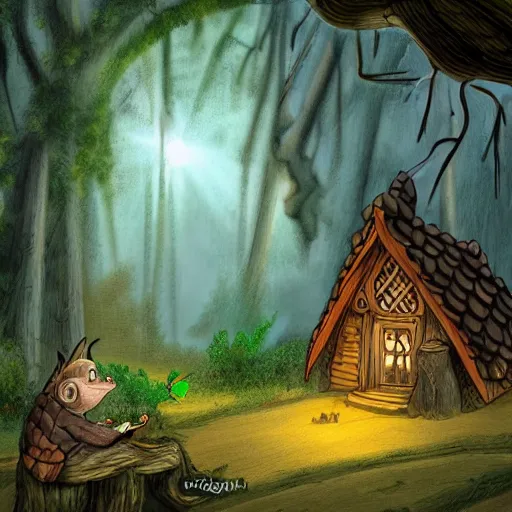 Prompt: a wooden cottage in a misty forest, light shining through the branches of the trees, a friendly goblin sitting on a stone and playing a flute, digital art