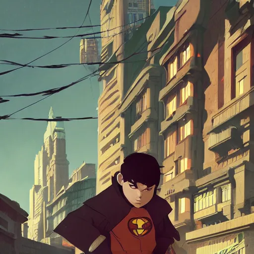 Image similar to damian wayne, Richard grayson, Jason Todd, tim Drake, city landscape, Gotham, artstation, highly detailed, by makoto shinkai and thomas kindle and James gilleard