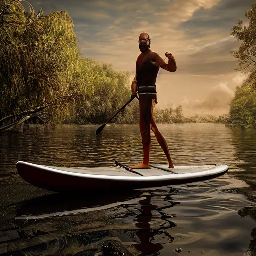 Image similar to mr worf paddleboarding in swamp by highway man painting, photorealistic, high resolution, vray, hdr, hyper detailed, insane details, intricate, elite, ornate, elegant, luxury, dramatic lighting, octane render, weta digital, micro details, 3 d sculpture