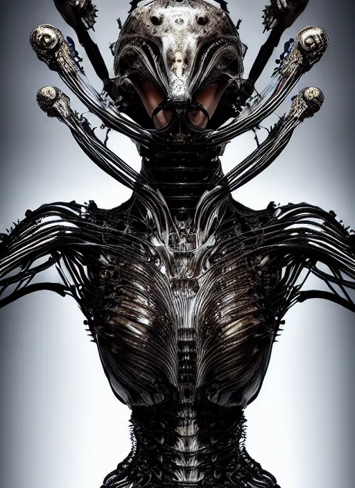 Prompt: iris van herpen gothic inflateble dark dress, perfect symmetrical body, helmet on face, full body shot, alien, plant predator, guyver, giger, wires, tubes, veins, jellyfish, white biomechanical details, wearing epic bionic cyborg implants, masterpiece, intricate, biopunk, vogue, highly detailed, artstation, concept art