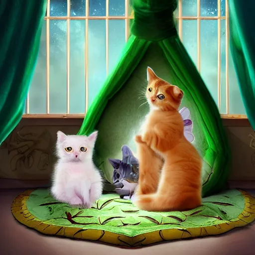 Prompt: Cat-mom is sitting in the green armchair and reading the Harry Potter book to his cute baby kittens in the cute fairy-like bedroom. Kittens hug each other while listening. Alice in Wonderland movie style. Realistic, digital art, highly detailed, photo realistic. emotionally evocative, cute eyes, round cats, cozy home.