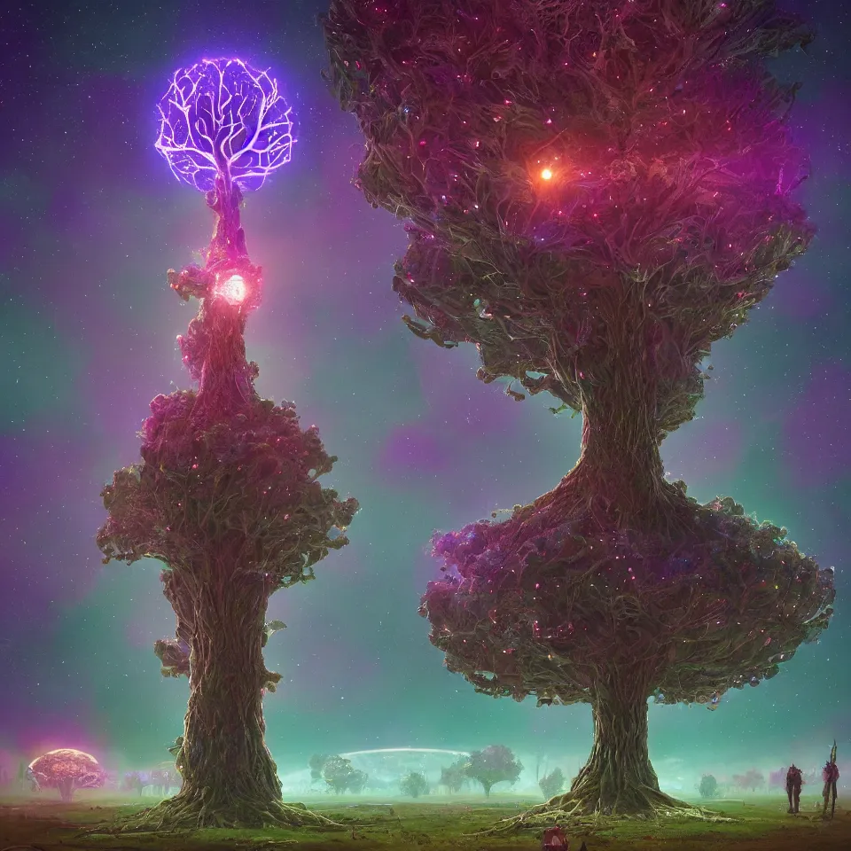 Prompt: cosmic tree of life made of stars, center composition, cinematic, rendered by simon stålenhag, rendered by Beeple, Makoto Shinkai, syd meade, environment concept, digital art, starwars, unreal engine, 3 point perspective, WLOP, trending on artstation, low level, 4K UHD image, octane render,