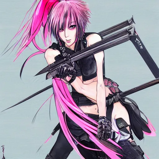 Image similar to An anime girl with pink hair, holding a katana, in samurai outfit, drawn by Yoji Shinkawa, highly detailed, trending on art station, sci-fi themed, dynamic posing