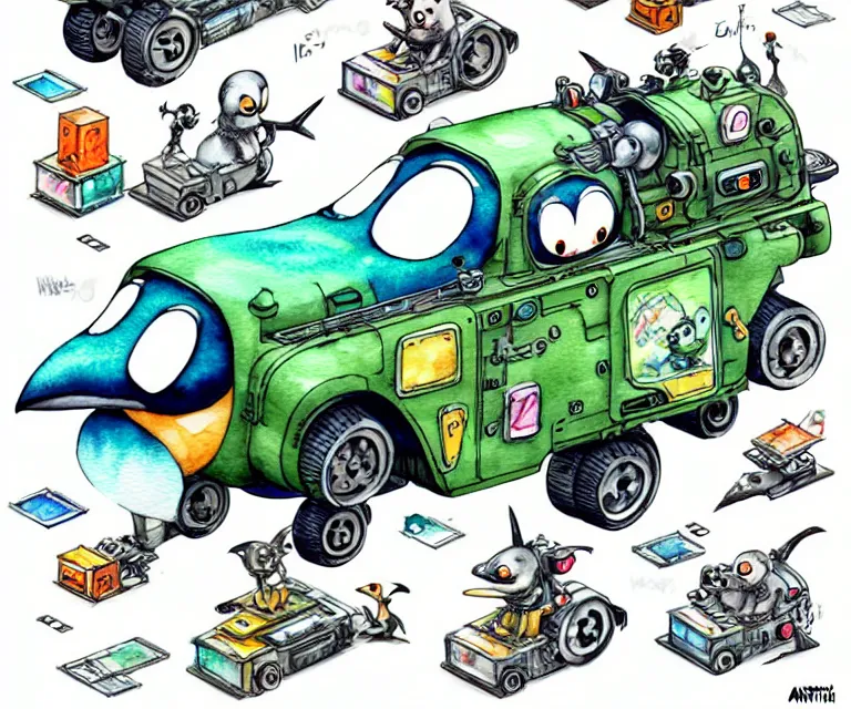 Image similar to cute and funny, penguin riding in a mechanized mech unit, ratfink style by ed roth, centered award winning watercolor pen illustration, isometric illustration by chihiro iwasaki, edited by range murata, tiny details by artgerm and watercolor girl, symmetrically isometrically centered, sharply focused